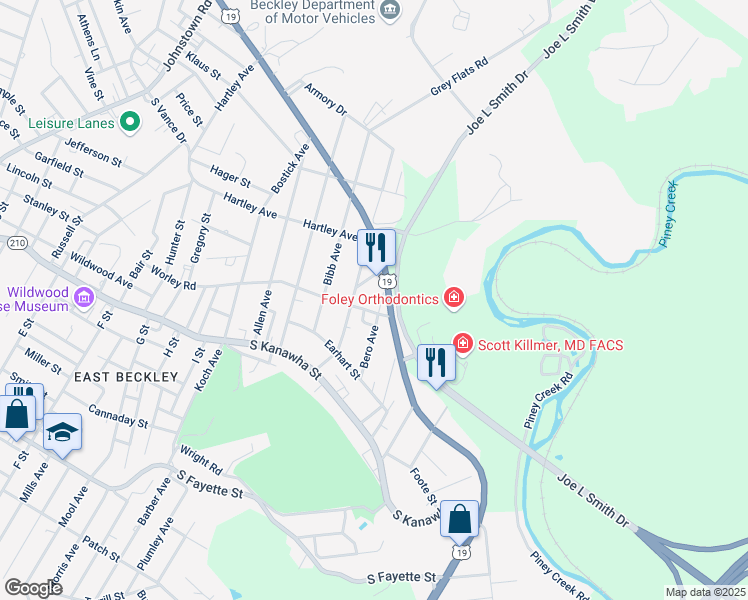 map of restaurants, bars, coffee shops, grocery stores, and more near 900-946 Worley Road in Beckley