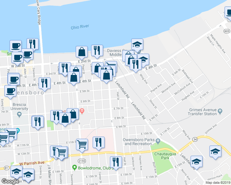 map of restaurants, bars, coffee shops, grocery stores, and more near 510 Hall Street in Owensboro