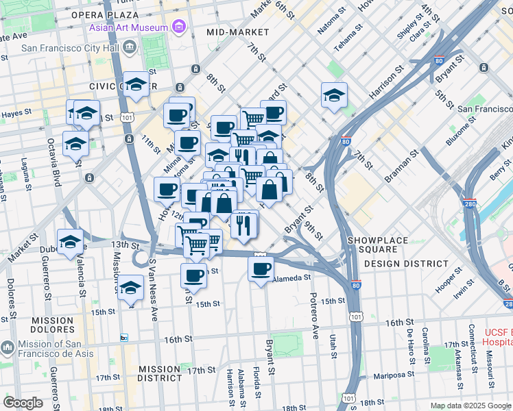 map of restaurants, bars, coffee shops, grocery stores, and more near 1394 Harrison Street in San Francisco