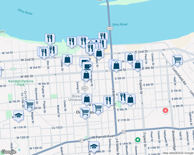 map of restaurants, bars, coffee shops, grocery stores, and more near in Owensboro