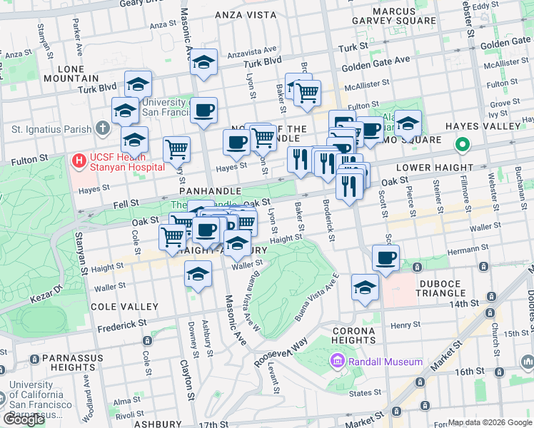 map of restaurants, bars, coffee shops, grocery stores, and more near 111 Lyon Street in San Francisco