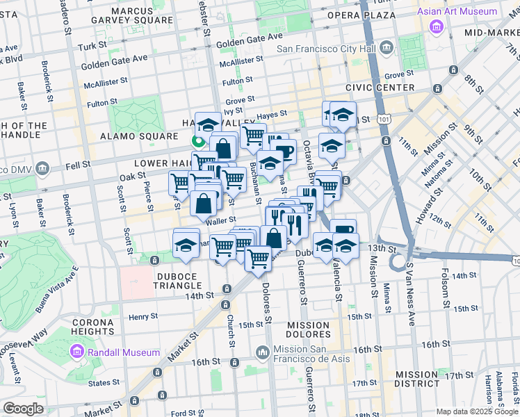 map of restaurants, bars, coffee shops, grocery stores, and more near 200 Buchanan Street in San Francisco