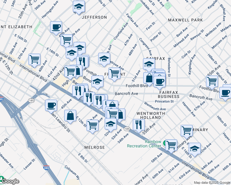 map of restaurants, bars, coffee shops, grocery stores, and more near 4900 Bancroft Avenue in Oakland