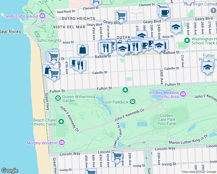 map of restaurants, bars, coffee shops, grocery stores, and more near 6500 Fulton Street in San Francisco
