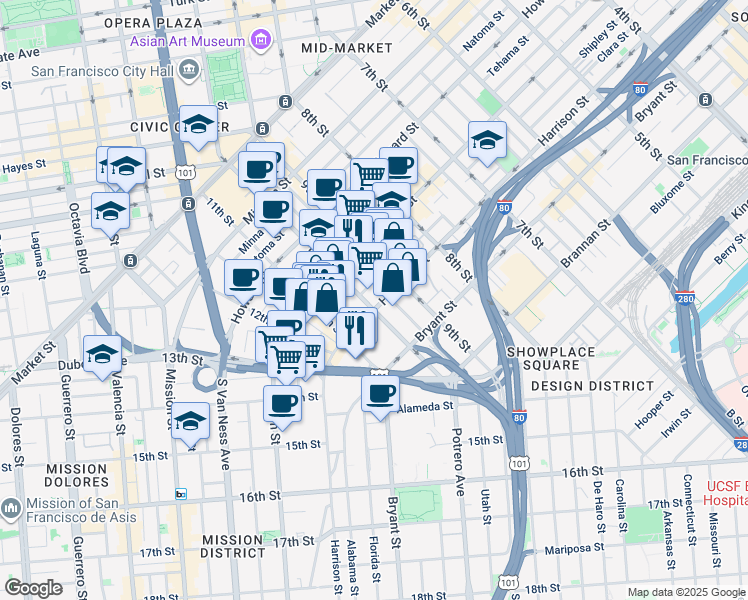 map of restaurants, bars, coffee shops, grocery stores, and more near 1394 Harrison Street in San Francisco