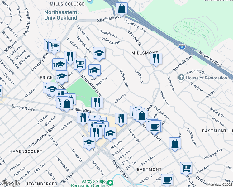 map of restaurants, bars, coffee shops, grocery stores, and more near 3422 68th Avenue in Oakland