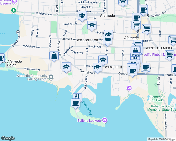 map of restaurants, bars, coffee shops, grocery stores, and more near 404 Central Avenue in Alameda