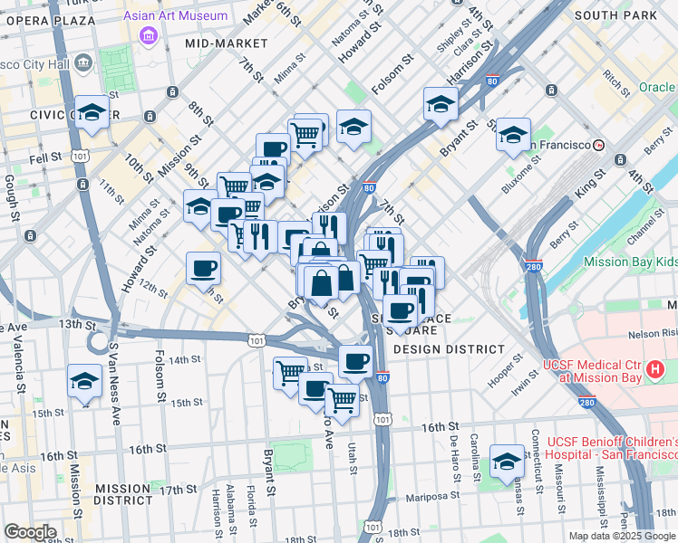 map of restaurants, bars, coffee shops, grocery stores, and more near 1011 Bryant Street in San Francisco
