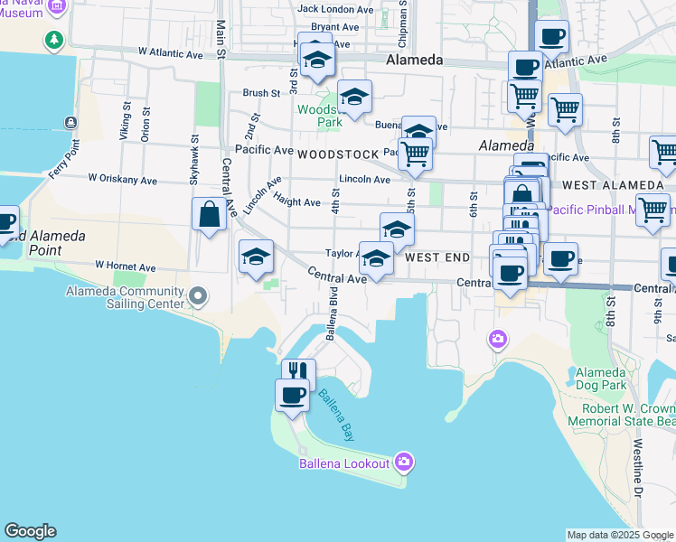 map of restaurants, bars, coffee shops, grocery stores, and more near 401 Central Avenue in Alameda
