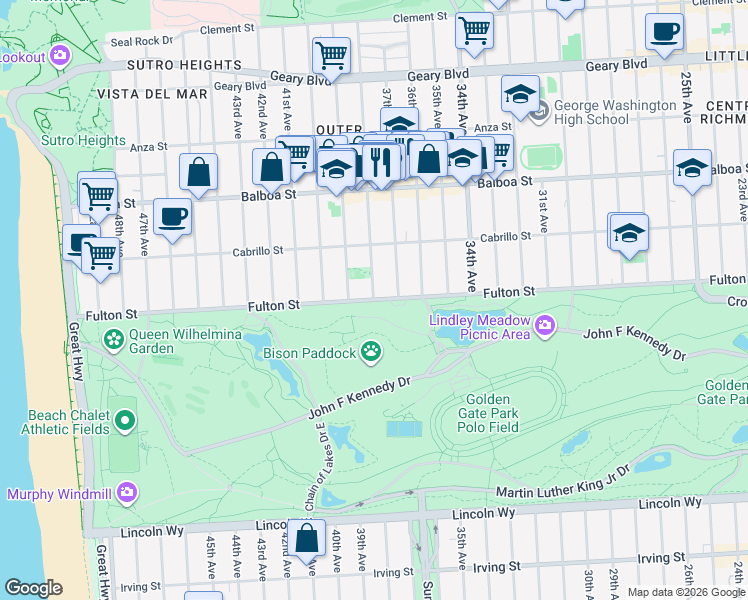 map of restaurants, bars, coffee shops, grocery stores, and more near Fulton Street & 38th Avenue in San Francisco