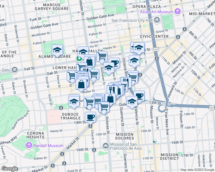 map of restaurants, bars, coffee shops, grocery stores, and more near 200 Buchanan Street in San Francisco