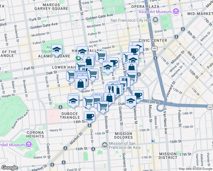 map of restaurants, bars, coffee shops, grocery stores, and more near 200 Buchanan Street in San Francisco