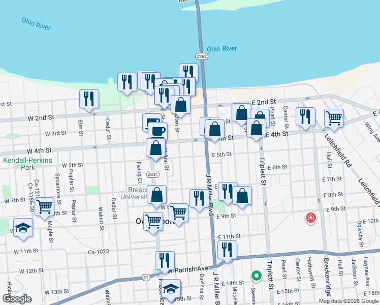 map of restaurants, bars, coffee shops, grocery stores, and more near 121 East 5th Street in Owensboro