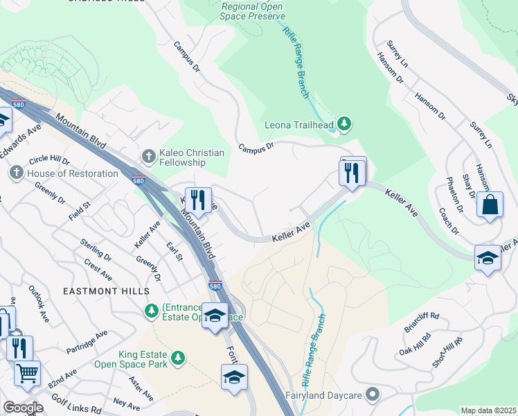 map of restaurants, bars, coffee shops, grocery stores, and more near 4341 Rilea Way in Oakland