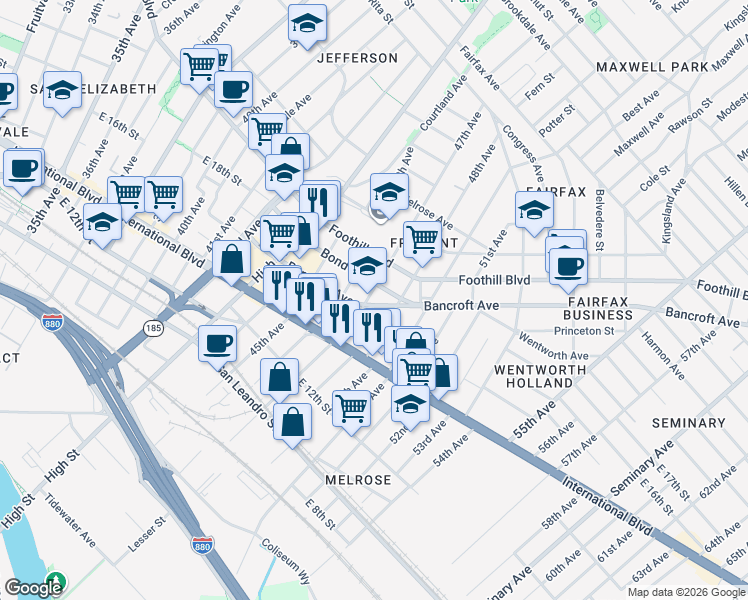 map of restaurants, bars, coffee shops, grocery stores, and more near 1638 47th Avenue in Oakland