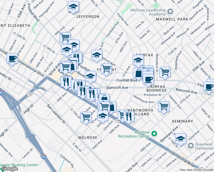 map of restaurants, bars, coffee shops, grocery stores, and more near 4900 Bancroft Avenue in Oakland