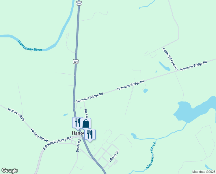 map of restaurants, bars, coffee shops, grocery stores, and more near 7538 Normans Bridge Road in Hanover