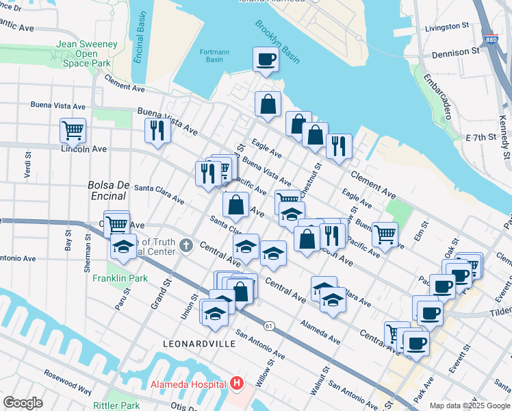 map of restaurants, bars, coffee shops, grocery stores, and more near 1813 Lincoln Avenue in Alameda