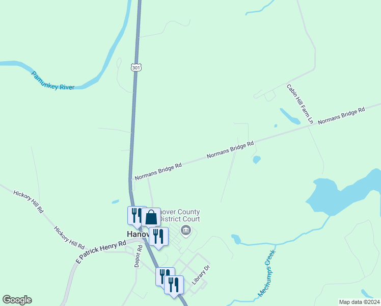 map of restaurants, bars, coffee shops, grocery stores, and more near 7538 Normans Bridge Road in Hanover