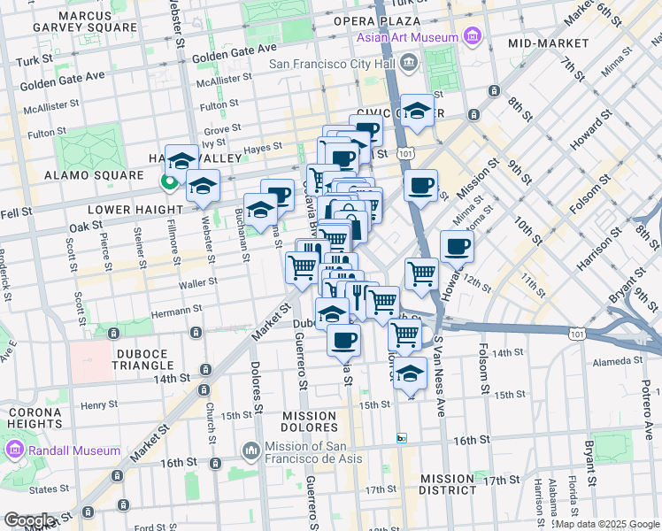 map of restaurants, bars, coffee shops, grocery stores, and more near 1745 Market Street in San Francisco