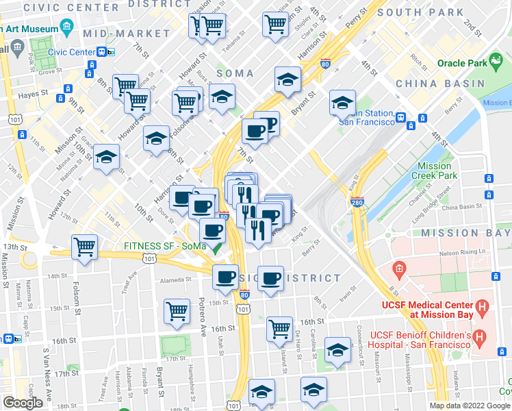 map of restaurants, bars, coffee shops, grocery stores, and more near 22 Brannan Street in San Francisco