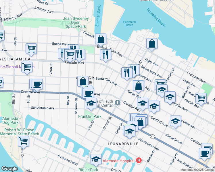 map of restaurants, bars, coffee shops, grocery stores, and more near 1418 Cottage Street in Alameda