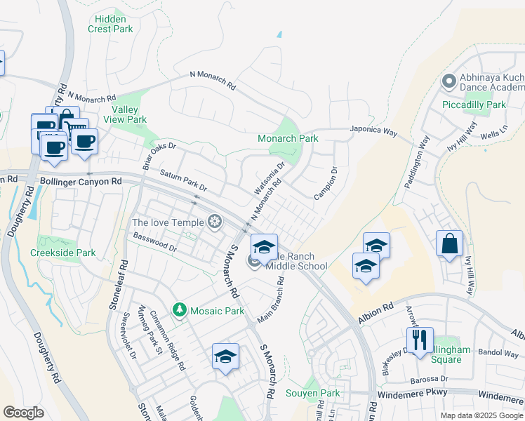 map of restaurants, bars, coffee shops, grocery stores, and more near 172 Maidenhair Court in San Ramon