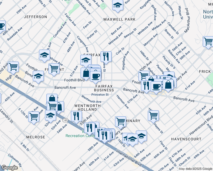 map of restaurants, bars, coffee shops, grocery stores, and more near 5444 Bancroft Avenue in Oakland
