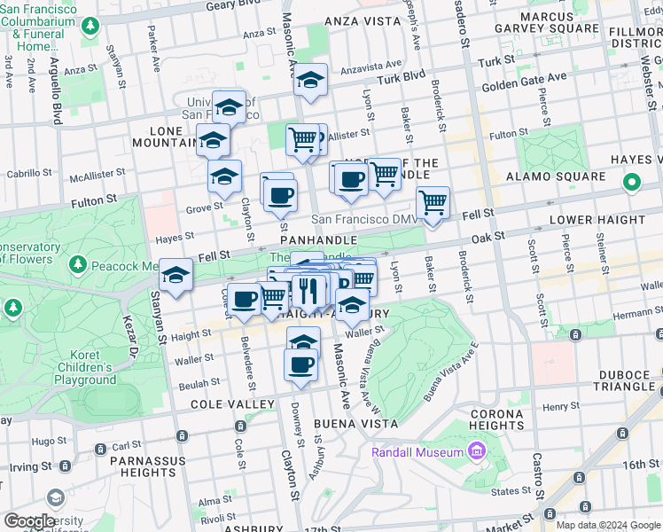 map of restaurants, bars, coffee shops, grocery stores, and more near 1000 Masonic Avenue in San Francisco