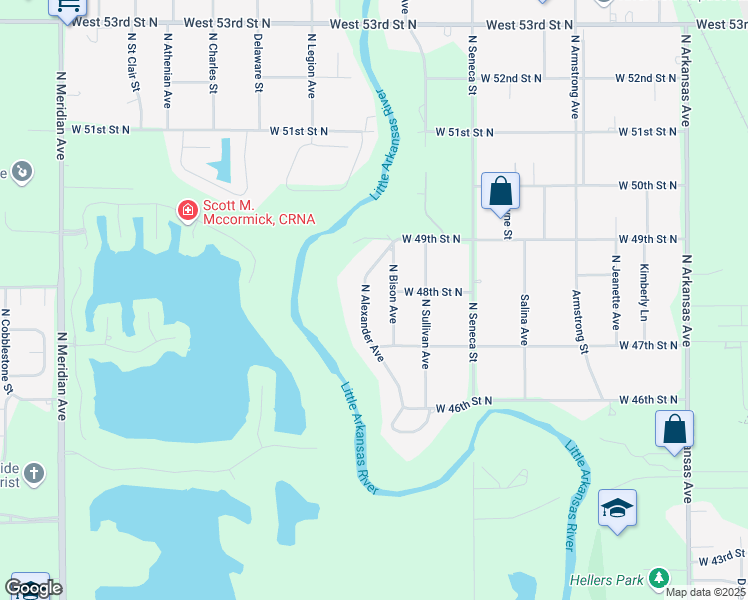 map of restaurants, bars, coffee shops, grocery stores, and more near 4827-4843 Alexander in Wichita