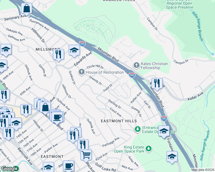 map of restaurants, bars, coffee shops, grocery stores, and more near in Oakland