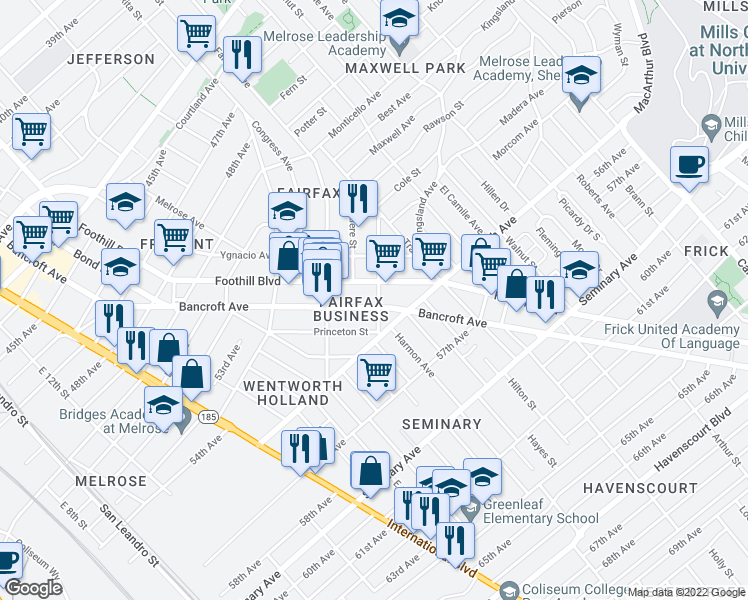 map of restaurants, bars, coffee shops, grocery stores, and more near in Oakland