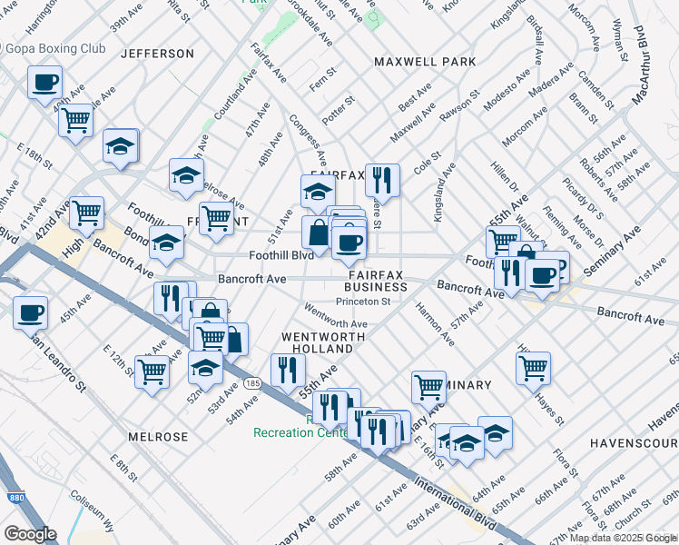 map of restaurants, bars, coffee shops, grocery stores, and more near 5347 Bancroft Avenue in Oakland
