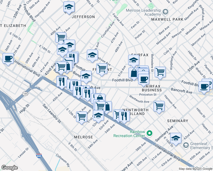 map of restaurants, bars, coffee shops, grocery stores, and more near 5027 Bancroft Avenue in Oakland