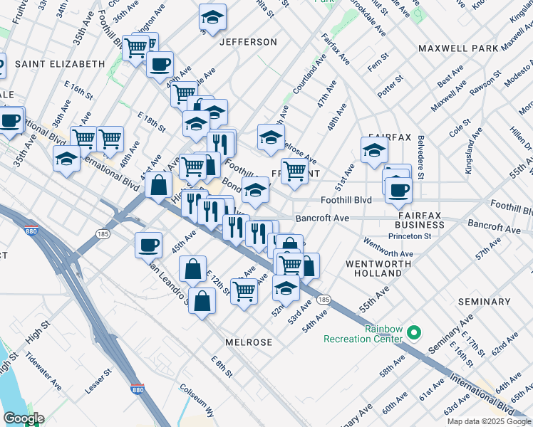 map of restaurants, bars, coffee shops, grocery stores, and more near 1622 Bancroft Way in Oakland