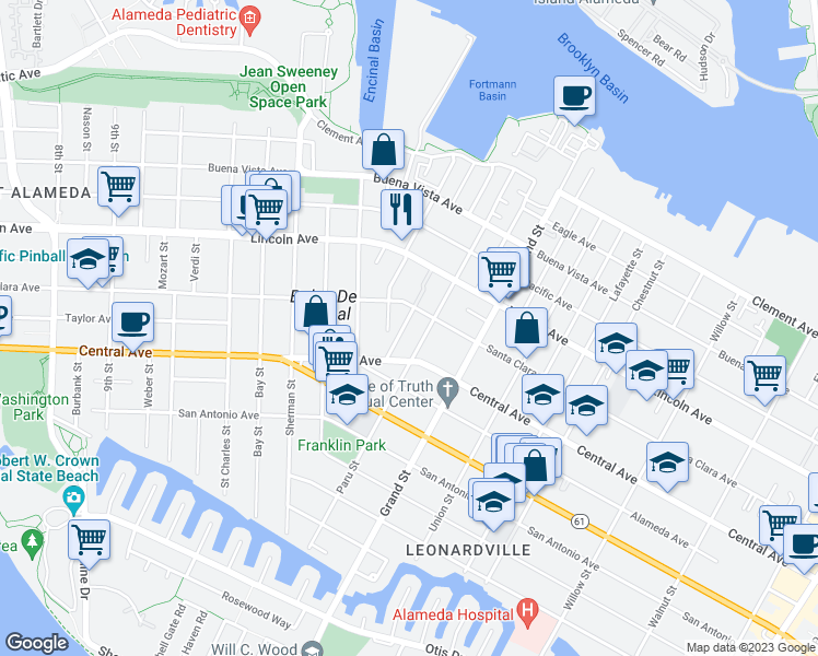 map of restaurants, bars, coffee shops, grocery stores, and more near 1418 Cottage Street in Alameda