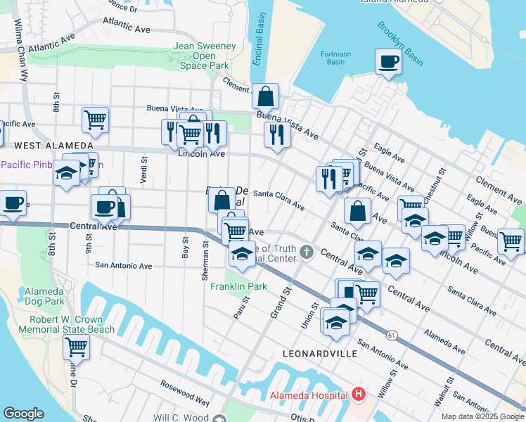 map of restaurants, bars, coffee shops, grocery stores, and more near 1410 Benton Street in Alameda