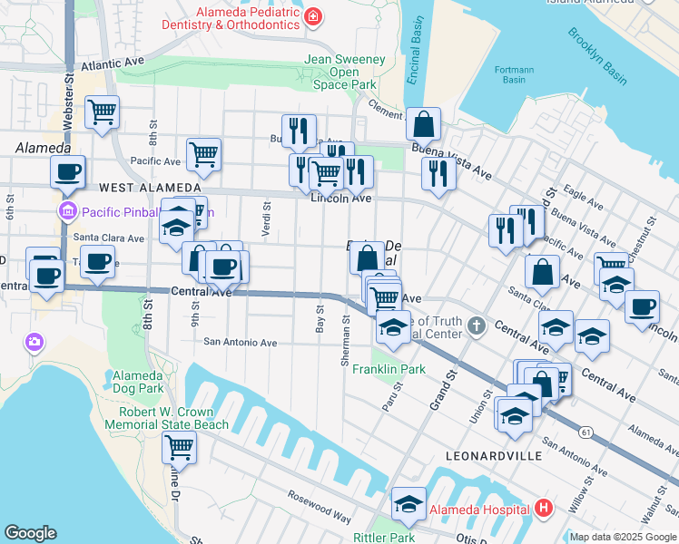 map of restaurants, bars, coffee shops, grocery stores, and more near 1417 Sherman Street in Alameda