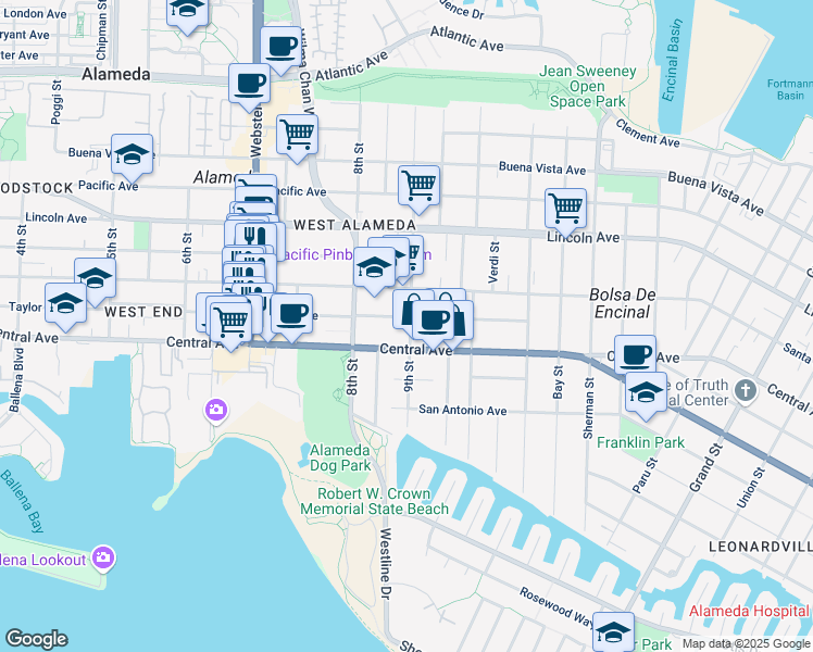 map of restaurants, bars, coffee shops, grocery stores, and more near 845 Central Avenue in Alameda