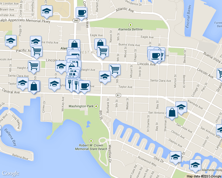 map of restaurants, bars, coffee shops, grocery stores, and more near 845 Central Avenue in Alameda