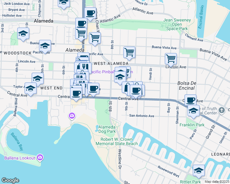 map of restaurants, bars, coffee shops, grocery stores, and more near 801 Central Avenue in Alameda