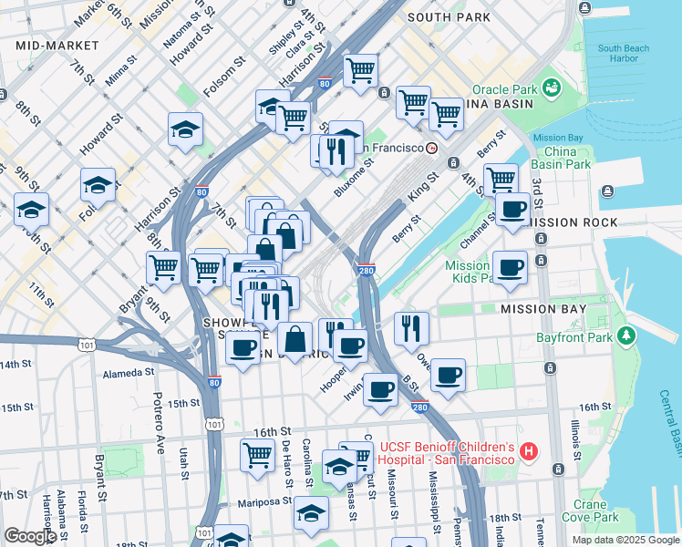 map of restaurants, bars, coffee shops, grocery stores, and more near 401 Berry Street in San Francisco