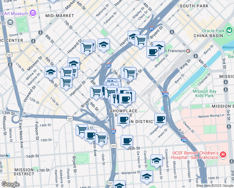 map of restaurants, bars, coffee shops, grocery stores, and more near 22 Brannan Street in San Francisco