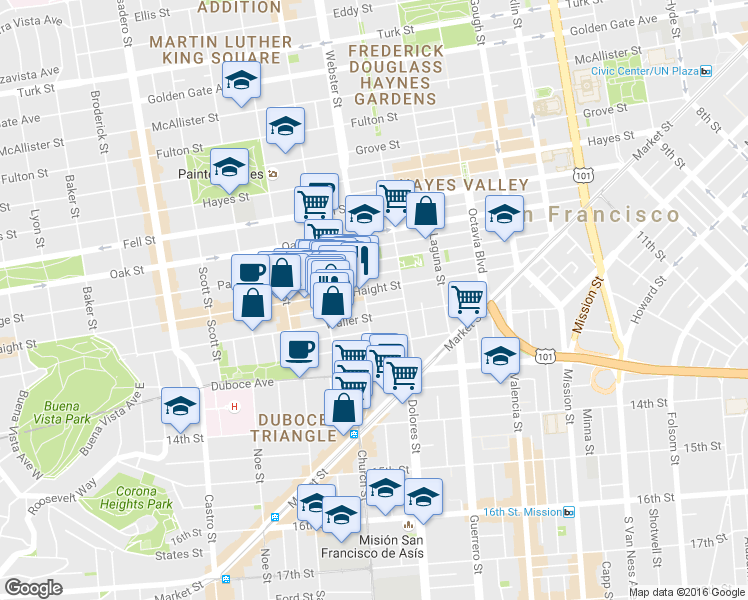 map of restaurants, bars, coffee shops, grocery stores, and more near 100 Webster Street in San Francisco