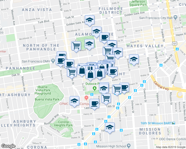 map of restaurants, bars, coffee shops, grocery stores, and more near 659 Haight Street in San Francisco