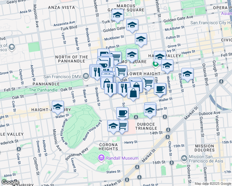 map of restaurants, bars, coffee shops, grocery stores, and more near 834 Haight Street in San Francisco