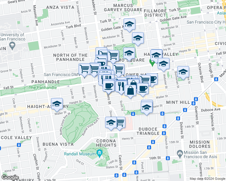 map of restaurants, bars, coffee shops, grocery stores, and more near 834 Haight Street in San Francisco