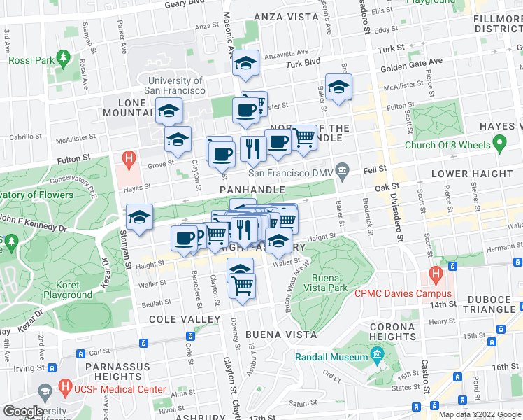 map of restaurants, bars, coffee shops, grocery stores, and more near 1466 Page Street in San Francisco