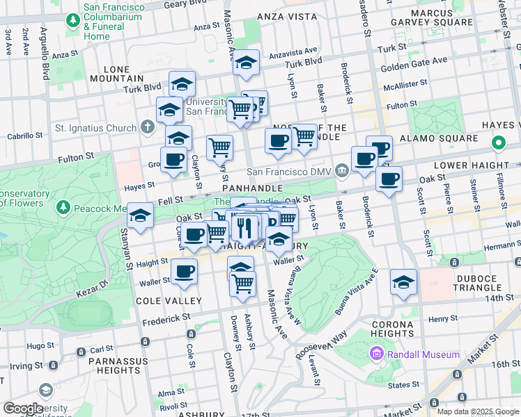 map of restaurants, bars, coffee shops, grocery stores, and more near 1466 Page Street in San Francisco