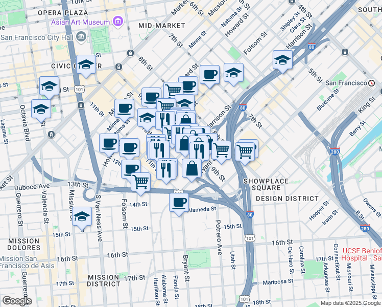 map of restaurants, bars, coffee shops, grocery stores, and more near 222 Dore Street in San Francisco